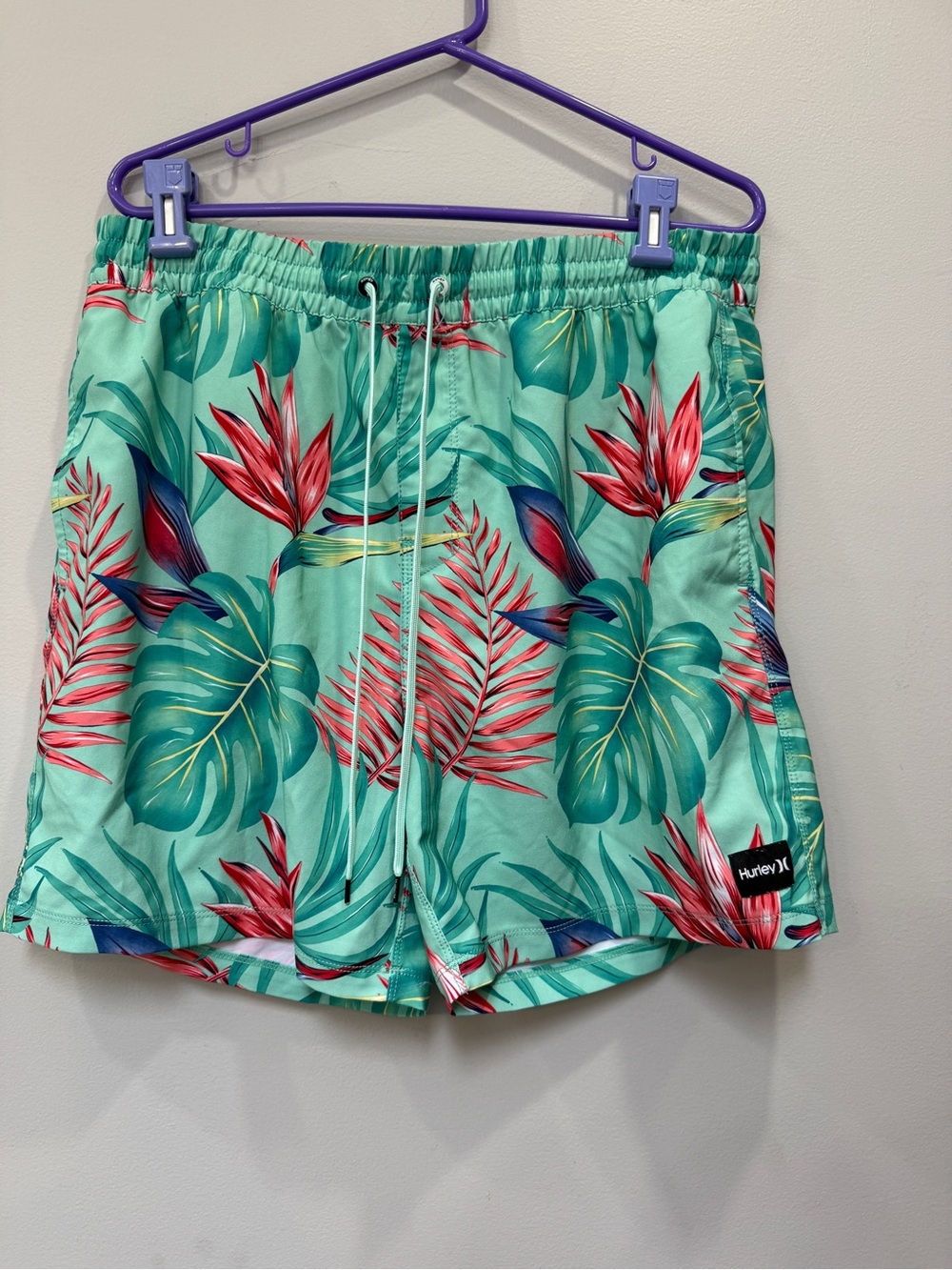 Hurley Men’s Teal Tropical Swim Trunks with Red Leaf Print